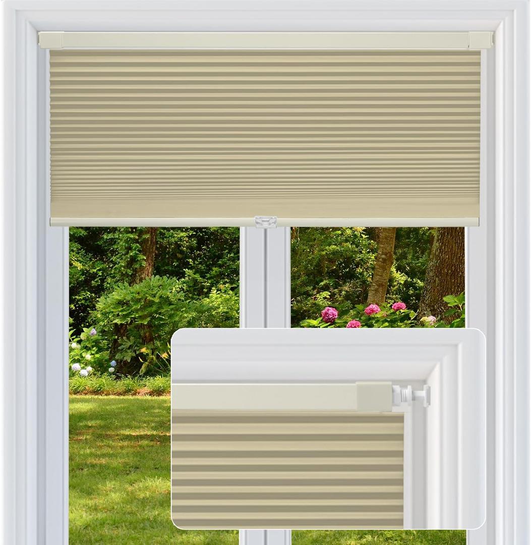 Cordless Cellular Shades, No Drill No Tools Honeycomb Window Blinds, Blackout Light Blocking Cellular Shades for Window, Thermal Insulation Blinds, Easy to Install, Light Cream 35"W x 48"H