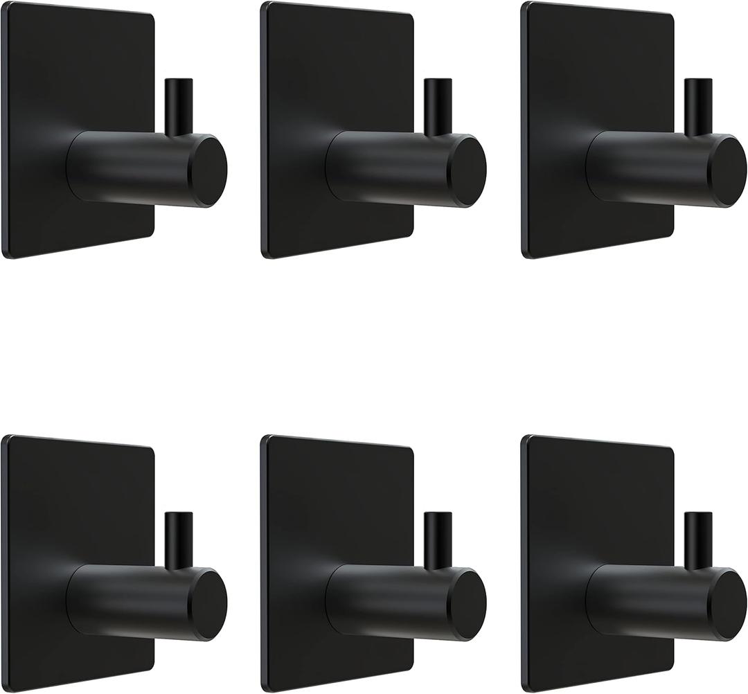 Matte Black Self Adhesive Towel Hooks for Bathroom Wall Door Mounted - SUS304 Stainless Steel Strong Strips Stick on 3M Wall Hooks for Hanging Coat, Hat, Bag, Key, Jacket  6 Pack