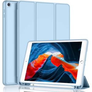 iMieet iPad 9th Generation Case 2021/iPad 8th Generation Case 2020 10.2 Inch with Pencil Holder, iPad 7th Gen 2019 Case with Soft Baby Skin Silicone Back, Auto Wake/Sleep Cover (Sky Blue)