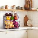 3 Tier Fruit Basket for Kitchen with Bamboo Cutting Board, 2 Set Pantry Kitchen Organizers and Storage, Stackable Wire Wall Basket, Onion Potato Vegetable Storage for Countertop Floor Cabinet Shelf