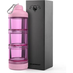 BYLWORKOUT 3-Layer Protein Powder Travel Container with Funnel and Keychain | Portable Food Storage Organizer for Gym, Fitness, Kitchen, Camping, Hiking, and Travel (Pink)