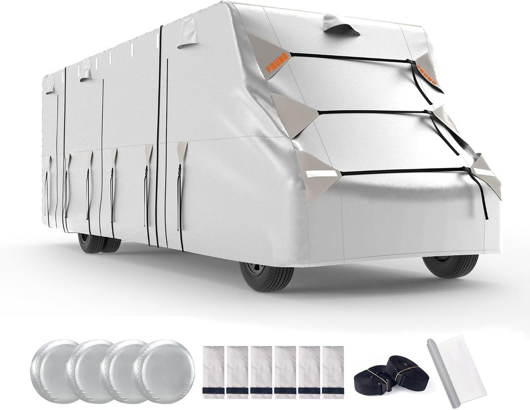FRUNO Oxford Fabric Class C RV Cover Fits 29'-32' Waterproof Rip-Resistant Anti-UV Motorhome Camper Cover for Winter Snow with 4 Tire Covers and Gutter Covers