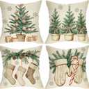 Winter Christmas Tree Decorative Throw Pillow Covers 18 x 18 Set of 4, Mitten Stocking Gifts Porch Outdoor Home Decor, Seasonal Candy Cane Snowflake Sofa Couch Cushion Case