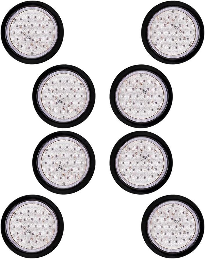 8PCs 4" Inch Round Clear Lens RED Lighting 24 LED Lamp Brake Stop Running Rear Parking Tail Lights w/Grommet Wiring Plug Compatible with Car Truck Trailer RV DC 12V