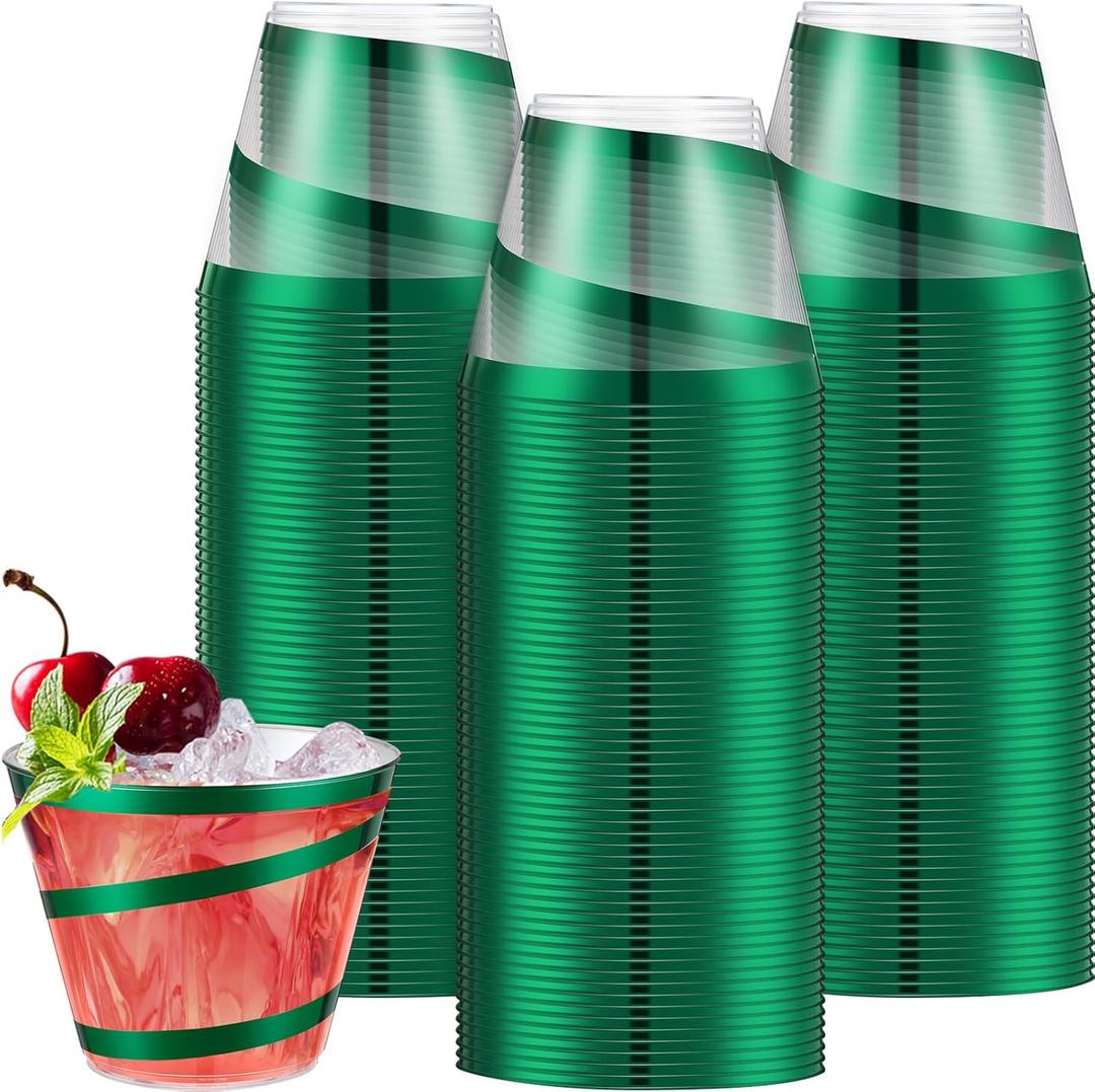 Gejoy 9 oz Rimmed Swirl Plastic Cups Disposable Wine Drinking Cups Clear Elegant Graduation Tumblers for Mother's Day Wedding Party Supplies(100 Pcs, Dark Green)
