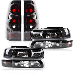 Headlights Tail Lights Kit Compatible with 1999-2002 Chevy Silverado 1500 2500 3500 Black Head light Rear Taillights Assembly