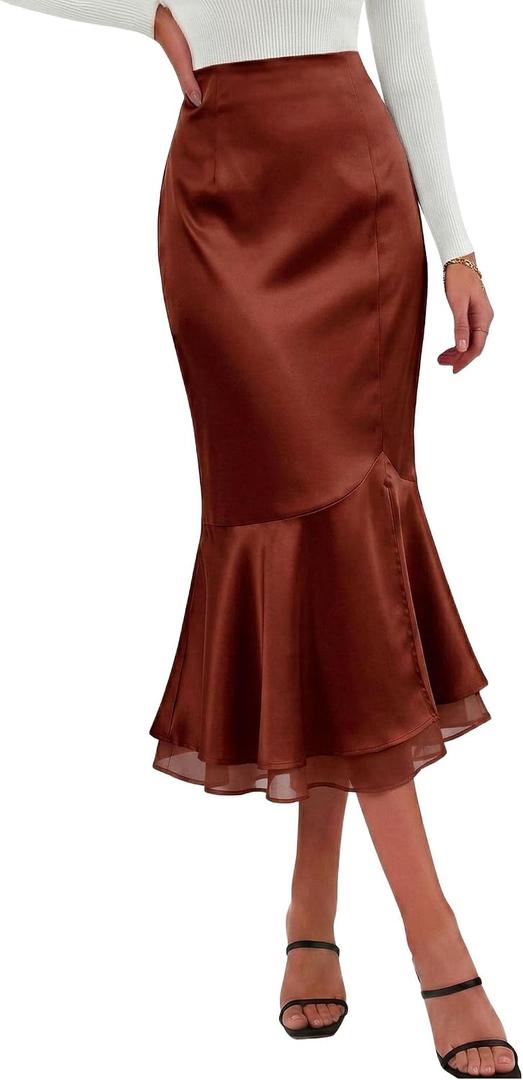 DERAX Womens Satin Midi Mermaid Skirt Silk Bodycon High Waisted Flowy Ruffled Tiered Spring Summer Elegant Fishtail Skirts (Brown, XS)