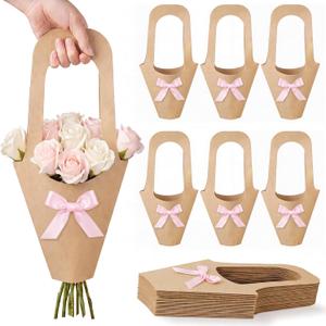 Mooliwe 20 Pcs Wedding Flower Bouquet Holder with Bow Flower Paper Gift Bags with Handles Kraft Packaging Wrap Bags for Florist Wedding Birthday Baby Shower Small Business Party Decor