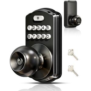 Veise Keypad Door Knob Lock, Keyless Entry Digital Lock with Handle, Electronic Smart Knob for Front Door & Bedroom, Easy Install, Auto Lock, Passage Mode, Anti-Peeping Password, Matte Black