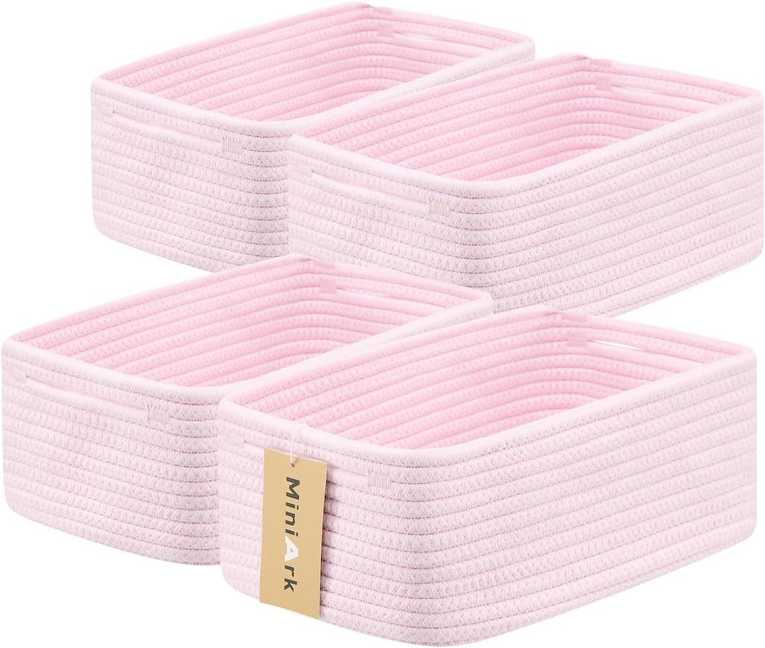 Small Storage Baskets for Organizing | Closet Organizer Bins | Shelf Toy Basket | Woven Rope Baskets | Cube Decorative Box | Shallow Basket | 13x8.5x5.1 | 4 Packs Light Pink