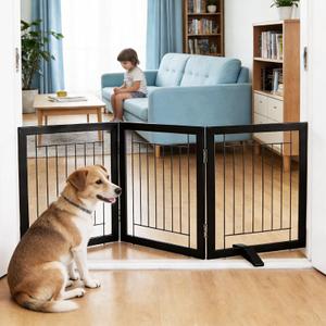 ZJSF Freestanding Dog Gate Indoor, Foldable Dog Fence for Doorways,Hallways or Stairs, Sturdy Wood Extra Wide Pet Gate with Support Feet,Brown,24 "Height-4 Panels