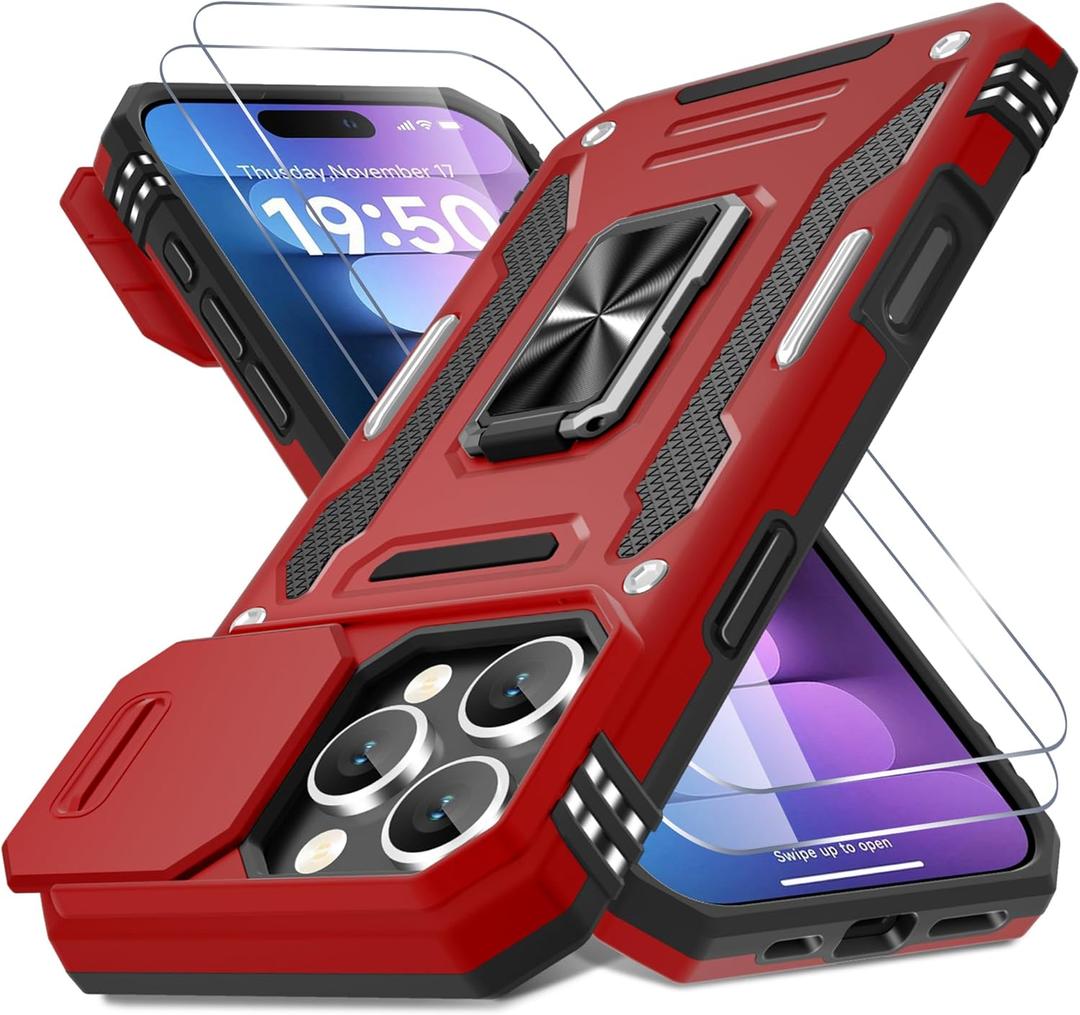 DEERLAMN Case for iPhone 16 Pro with Slide Camera Cover+Screen Protector(2 Packs), Rotated Ring Kickstand Military Grade Shockproof Protective Cover-Red