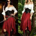 Pirate Costume Women Renaissance Medieval Outfit Skirt Top Pirate Accessories Halloween Cosplay Party Outfit, Medium, Red