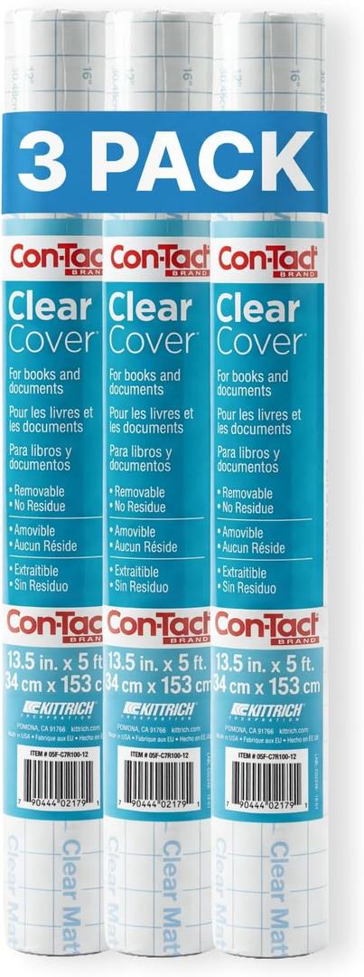 Con-Tact Brand Clear Adhesive Protective Liner to Cover Books and Documents, 13.5-Inches x 5-Feet (Pack of 3), 13.5x60 inches