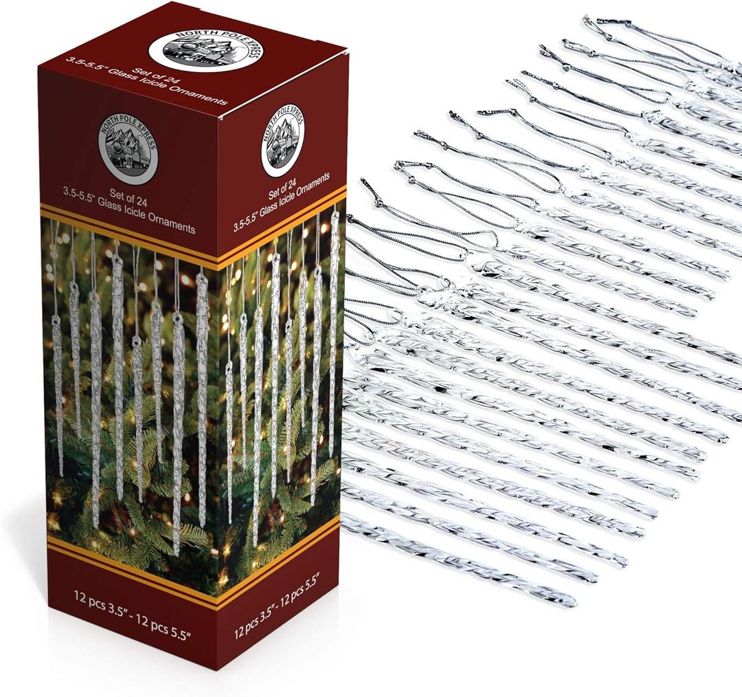 Twisted Clear Glass Icicle Christmas Ornaments for Christmas Trees - Set of 24 Icicles Christmas Tree Decorations - Christmas Tree Ornaments Crystal