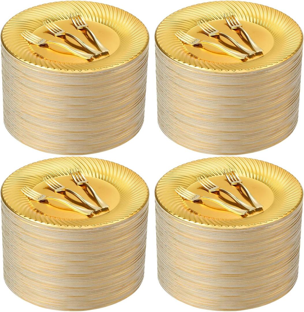 Tioncy 200 Pcs Gold Plastic Dessert Plates with Mini Forks Set for 100 Guests Includes 100 Pcs 7'' Disposable Cake Plates 100 Pcs 3.94'' Gold Plastic Forks for Wedding Birthday Party Dessert Table