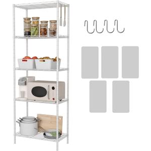 HOMEFORT 5-Shelving Unit, Adjustable Wire Shelving, Metal Wire Shelf with Shelf Liners and Hooks for Kitchen, Closet, Bathroom, Laundry, White,21" W x 11" D x 59" H