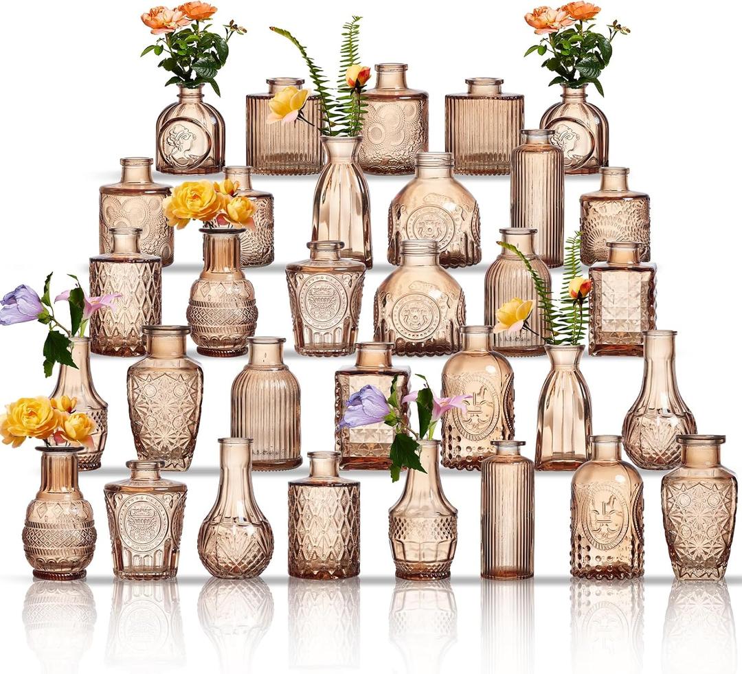 Glass Bud Vases Set of 32 - Amber Assorted Small Mini Glass Vases for Flowers, Crystal Vintage Vase Set, Bulk Centerpieces for Table Décor, Wedding, Home and Events (Amber, 32 Pcs)