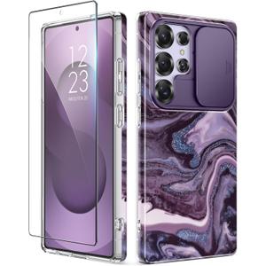GVIEWIN for Samsung Galaxy S25 Ultra Case with Slide Camera Cover, [Screen Protector] [Shockproof Military Grade Drop Protection] Marble Slim Fit Hard PC Phone Cover S25 Ultra 6.9" 2025 (Quicksand, Purple)