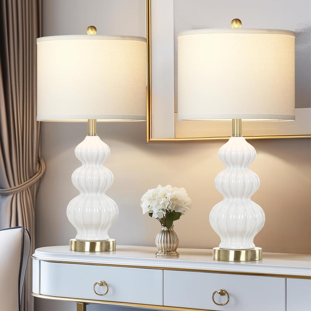 Modern White Table Lamps Set of 2 - Bedside Lamps for Night Stands, 26" Triple Gourd Ceramic Lamps for Living Room with USB A+C Ports & AC Outlet,3 Way Touch Lamps for Bedroom (LED Bulbs Included)