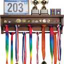 Trophy Medal Display Shelf Wood, Medal Hanger Display with Trophy Shelf for Gymnastics, Football Basketball, Soccer and Other Sports with Race Bib Board (Walnut)