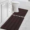 Bathroom Rugs Bath Rug Set 2 Piece Bathroom Contour Rug Toilet Mat Sets Non Slip Contour Bath Rug Set Ultra Thick Water Absorbent Striped Bath Mats Washable (20" x 32" Plus 20" x 20" U, Chocolate)