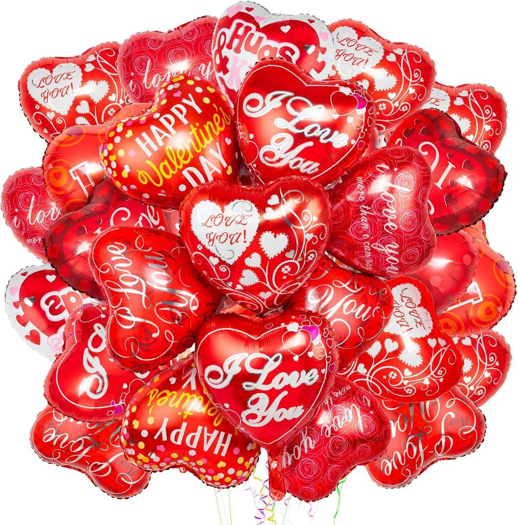 36 Pieces Heart Balloons, Happy Red Valentines Day Balloons, I Love You Foil Mylar Balloon for Special Night Party Decorations