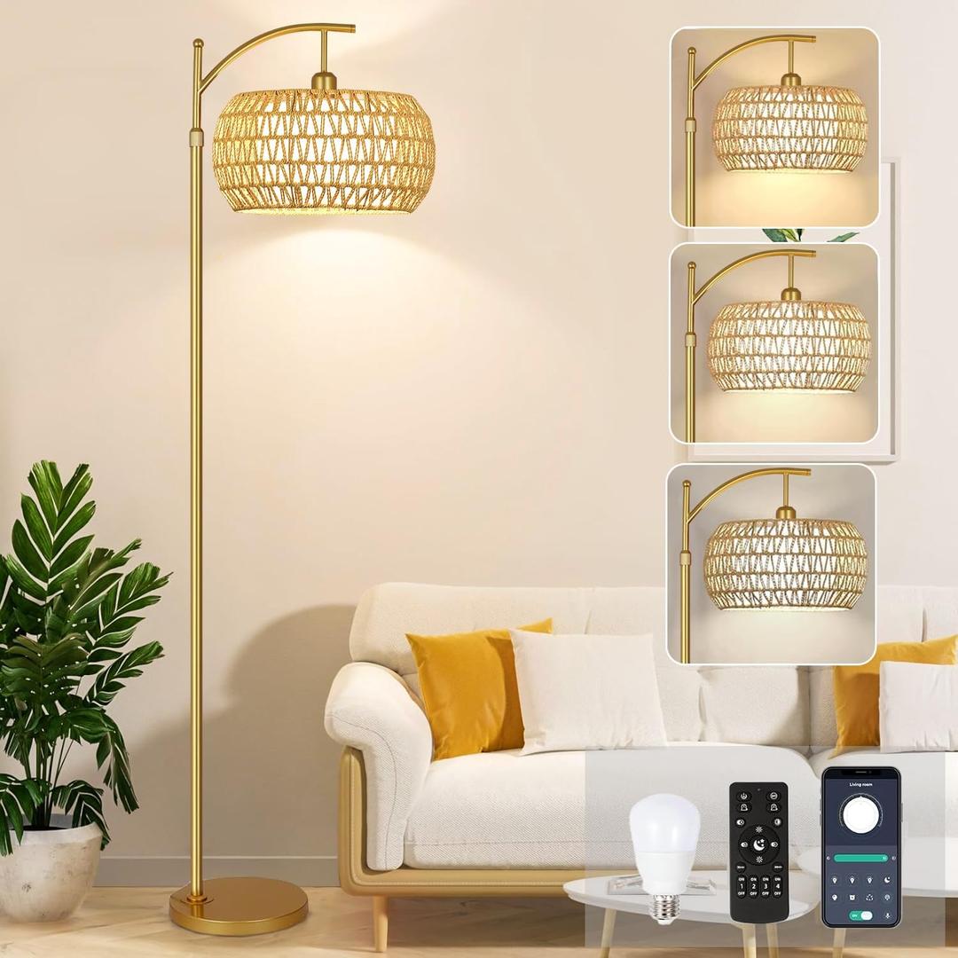Gold Floor Lamp for Living Room with 3 Color Temperatures, Arc Boho Floor Lamps with Remote Control, Rattan Standing Lamp with Wicker Lamp Shades Dimmable Tall Floor Lamp For Bedroom Living Room Corner (12.2 inch)
