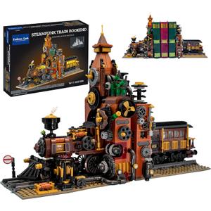 Steampunk Train Bookend Building Block Set, Creative Bookend and Bricks Building Set, Light Module Included, Rich Details with Mechanic Parts (1252pcs)