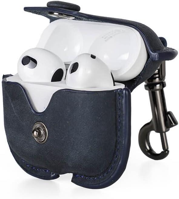 Genuine Leather Case for 3rd Gen AirPods 2021,Hiram Crazy Horse Cowhide Leather Portable Travel Case for Airpods 3rd Gen,Headphone Cases for 3rd Gen AirPods Charging Case(Blue)