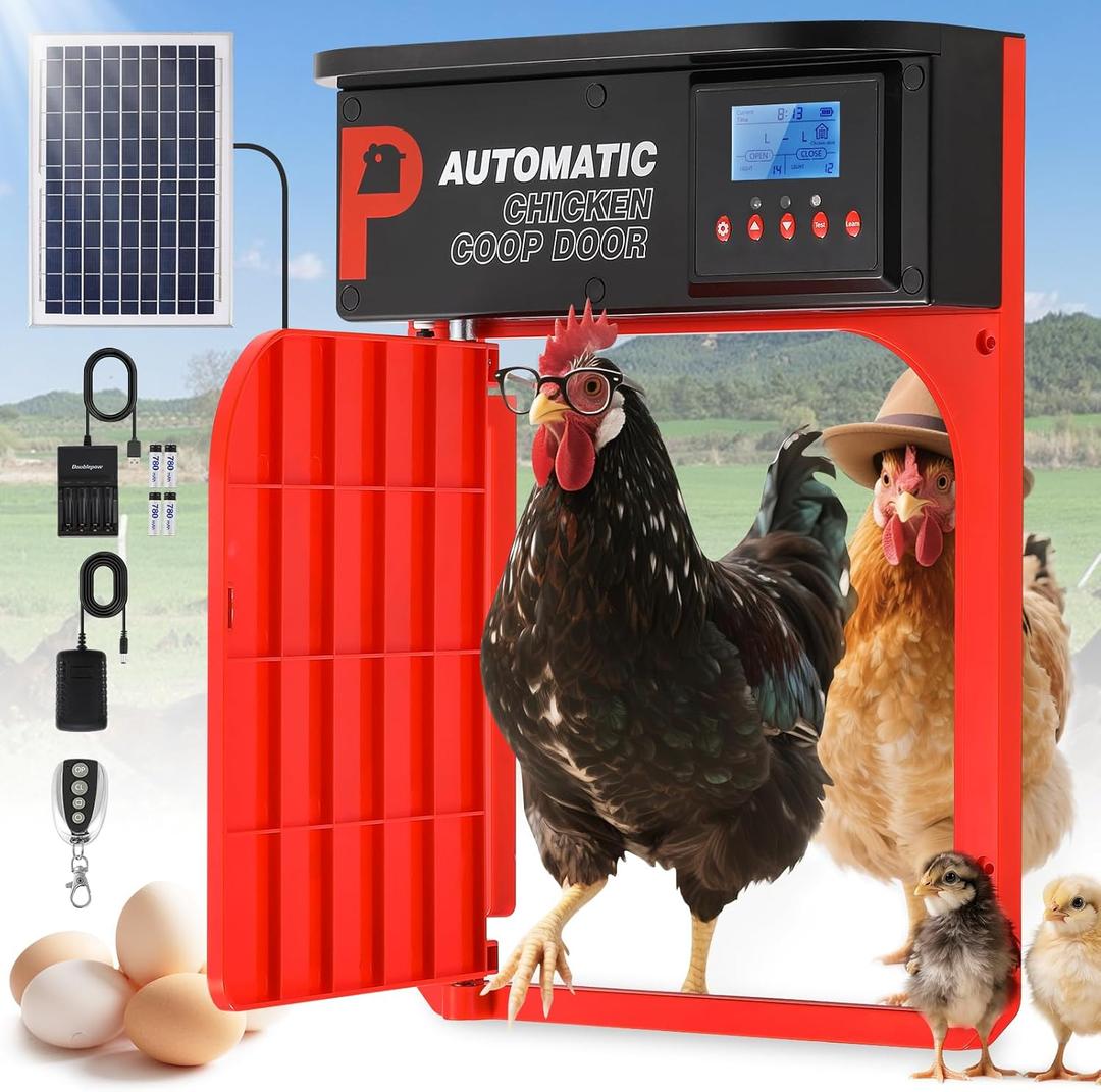Upgrade Door Opening, Automatic Chicken Coop Door, Solar Powered Chicken Coop Door, Light Sensor&Timer, Remote Control, Multiple Power Options with Solar Panel (
Red
)