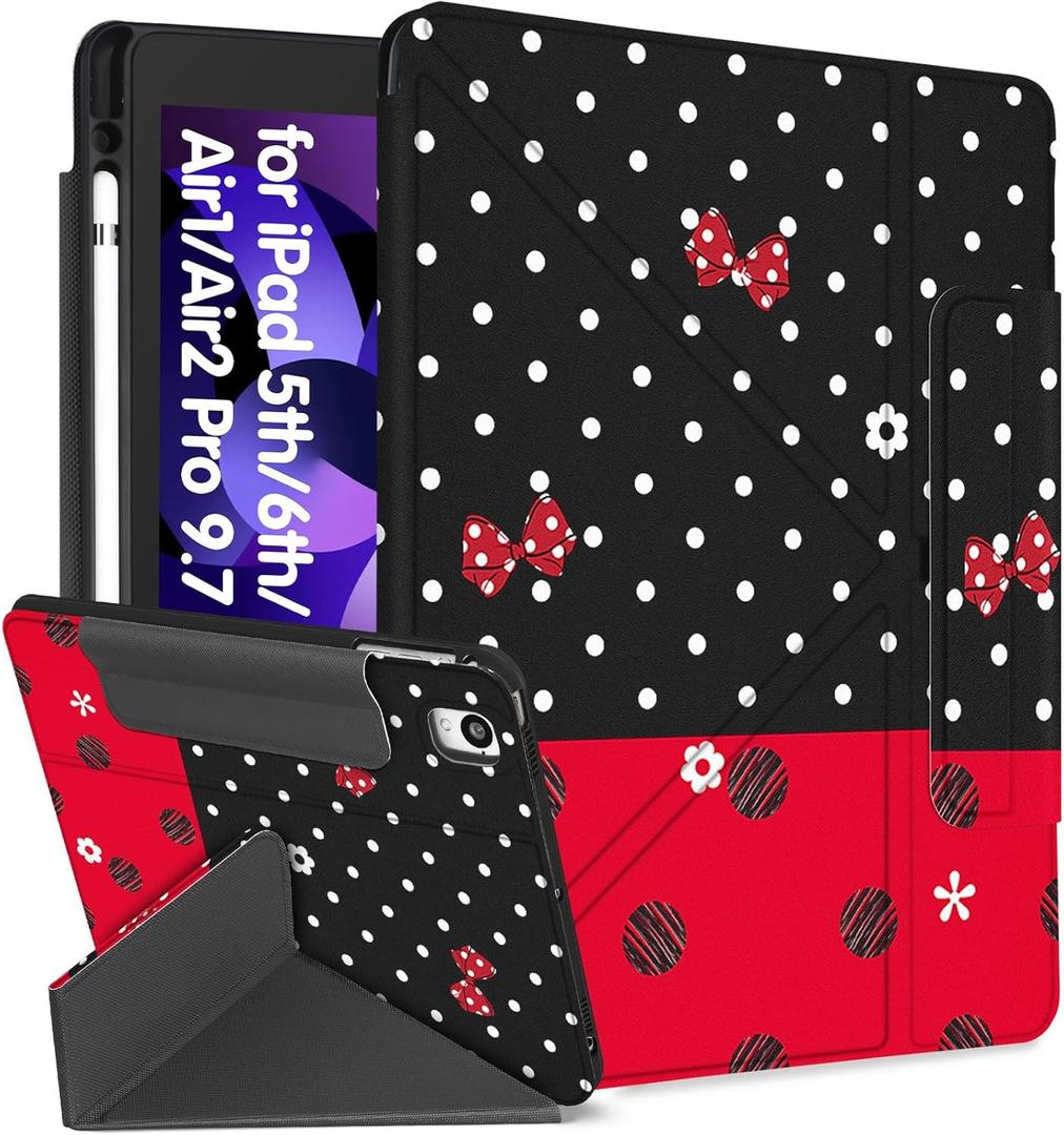 for iPad 6th/5th Generation 2018/2017 Case for iPad Air 2nd/1st Pro 9.7 Inch with Pencil Holder Cute Cool Cartoon Anime Kawaii Design Tablet Cover for Boys Girls Women, Red Black Polka Dots (Red Point Mini)