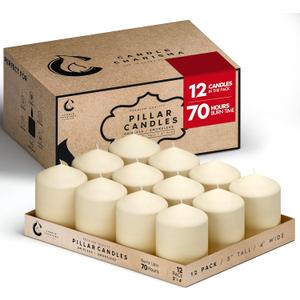 Candle Charisma Ivory Pillar Candles Bulk Pack of 12  (3x4 Inch) Long-Lasting 70-Hour Burn, Dripless & Smokeless  Perfect for Hassle-Free Decor at Weddings, Fall Table Centerpieces & Special Events