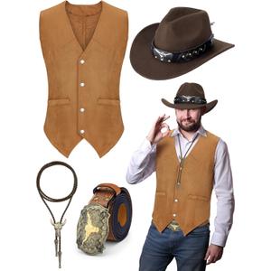 4 Pcs Western Cowboy Outfits for Men Suede Leather Vest Hat Bolo Tie Belt for Western Halloween Cosplay (Brown, L)