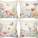 NOKOLULU 18x18 Inch Boho Throw Pillow Covers - Floral Butterfly Throw Pillows Set of 4 - Modern Decorative Couch Pillows for Sofa Bedroom, Premium Linen Cover & Machine Washable (Floral, 18"x18")