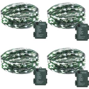 4 Pack Fairy Lights Battery Operated, 16.4 Ft 50 LED Starry Fairy Lights with Auto Timer Dark Green Copper Wire Twinkle Lights IP65 Waterproof for Wedding Bedroom Christmas (Cool White)
