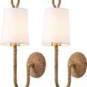 Natural Rattan Wall Sconce Set of 2, with Boho Woven Wicker and Creamy-White Fabric Shade for Vanity Stairway Fireplace Living Room Bedside Passway Hallway