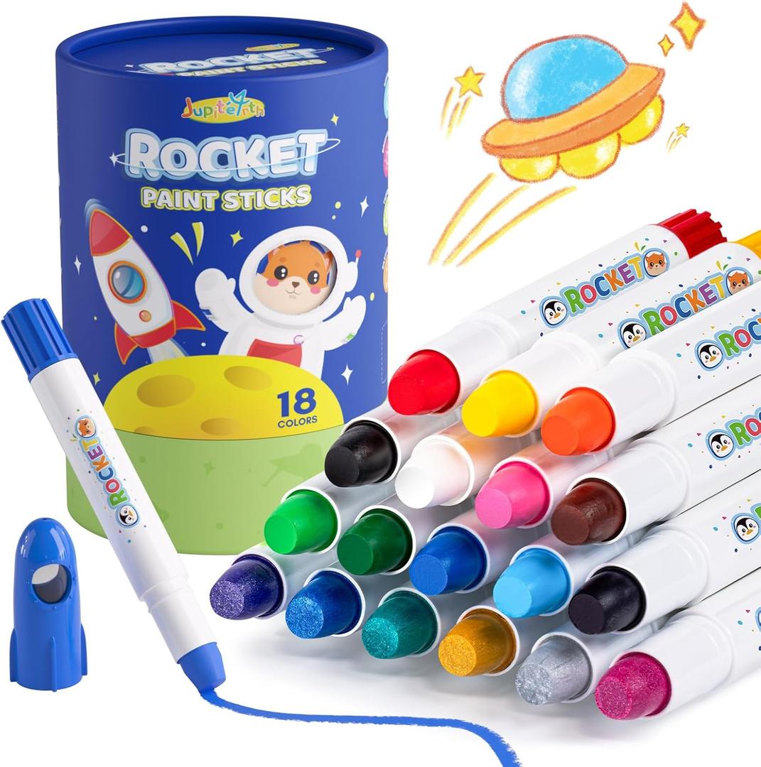 JUPITEARTH 18 Colors Rocket Tempera Paint Sticks with 120 PDF Coloring Pages, Quick Drying, Non-Toxic and Washable Paint Sticks for Kids and Students, Art Supplies for Drawing on Paper and Canvas
