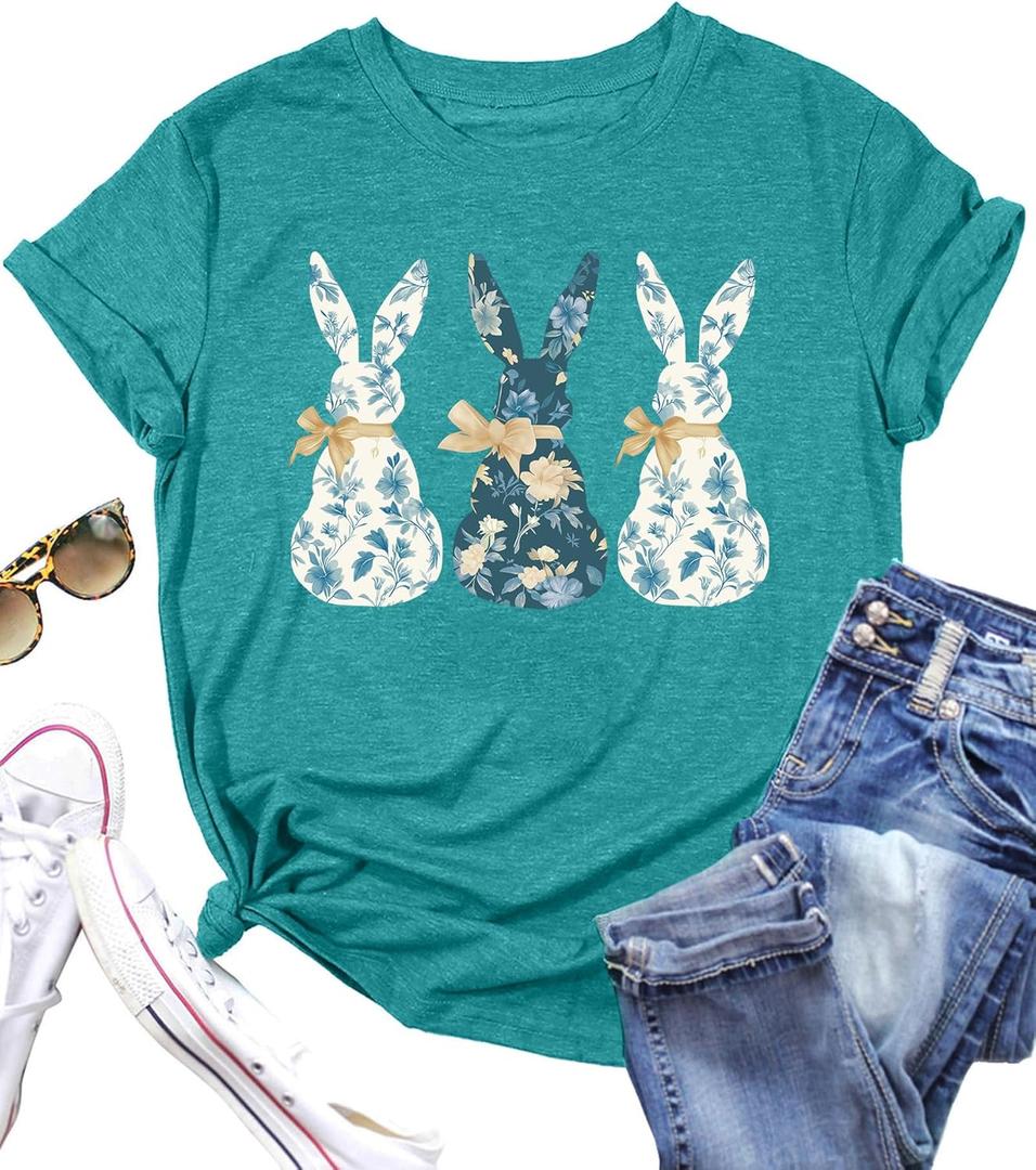 Easter Shirts for Women Cute Easter Bunny Rabbit Graphic Shirt Happy Easter Casual Short Sleeve Tees Tops (Blue, M)
