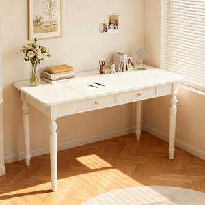 48in Rubber Wood Desk with Two Drawers, French Home Office Writing Tables with Storage, Multi-Functional Wood Vanity, Study Desk for Bedroom, Living-Room, White, 47.24" x 23.62" x 29.5"