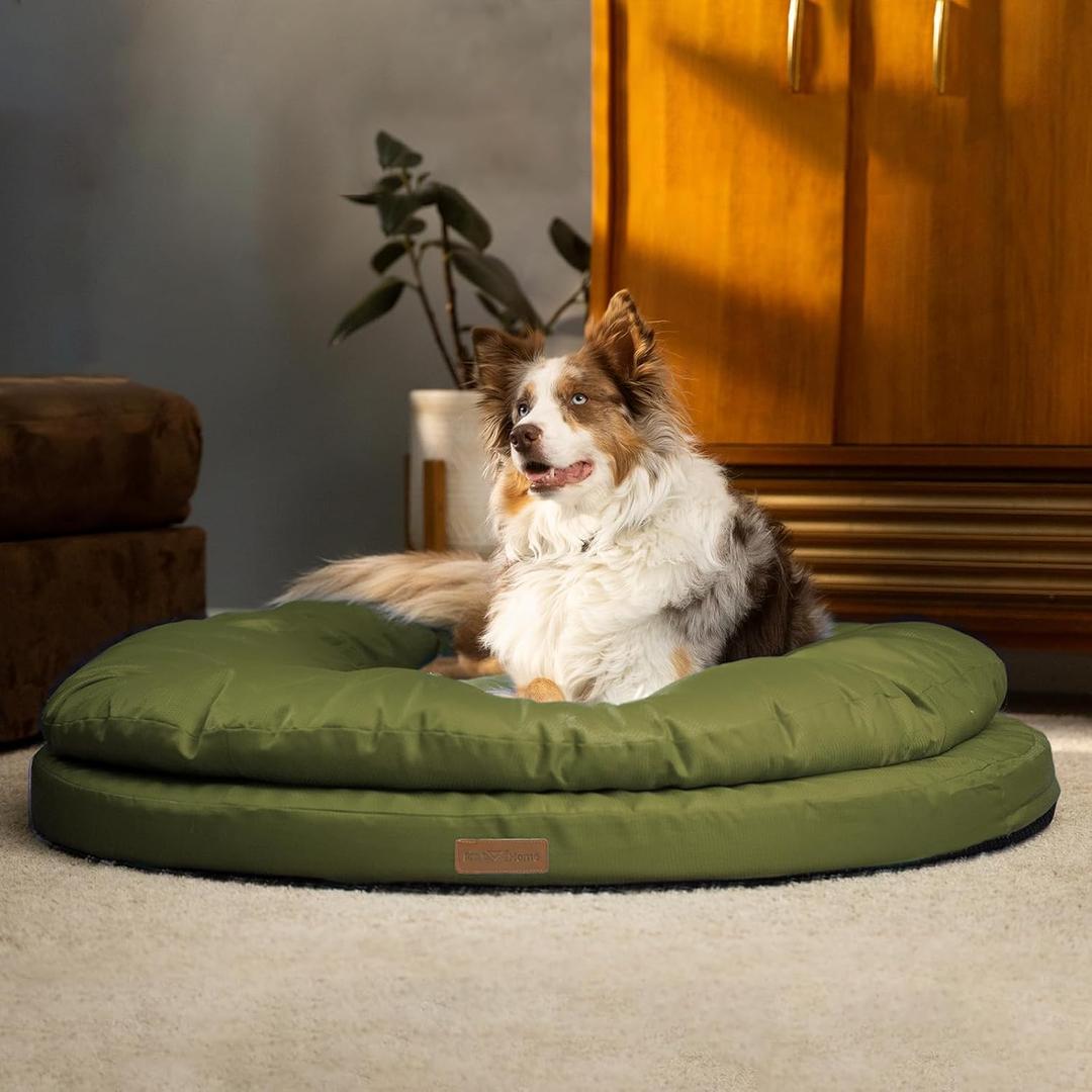 ClevaHome Orthopedic Dog Bed for Large Dogs, Dual Layer Water Repellent Round Pet Bed with Washable Cover Nonslip Bottom (Olive Branch) (36.0"L x 36.0"W x 7.0"Th)
