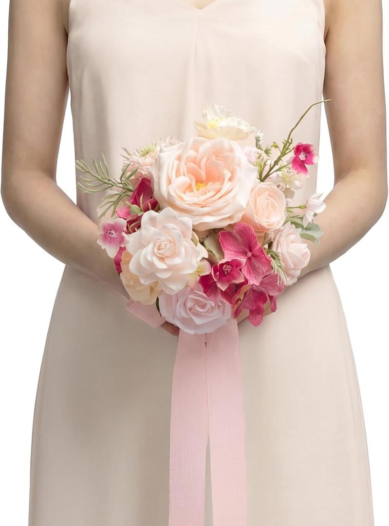 Ling's moment Pink Artificial Wedding Flower Bouquets for Bridesmaids Blush Floral Bouquet Hot Pink Bridesmaids Bouquets with Ribbon Ceremony Anniversary,7-inch Diameter