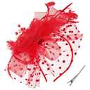 WLBON Fascinators Hat 20s 50s Headband Hair Clips Flower Mesh Veil Feather Headpiece Headwear Women Halloween Carnival Cocktail Wedding Church Cosplay Dress Up Birthday Tea Party Accessories Red