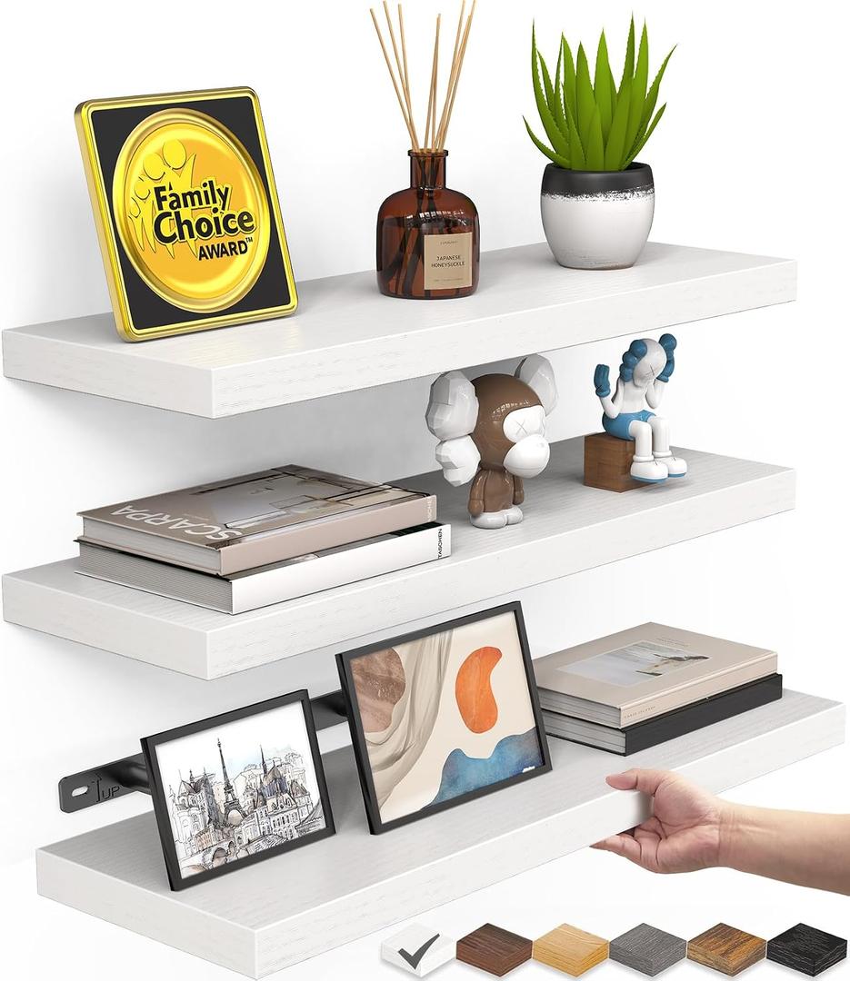 BAYKA White Floating Shelves for Wall Set of 3, Rustic Wood Wall Shelves with Metal Brackets for Bathroom, Bedroom, Kitchen, or Living Room Decor Organization, Sturdy Storage with 22lb Capacity, 15.7inches