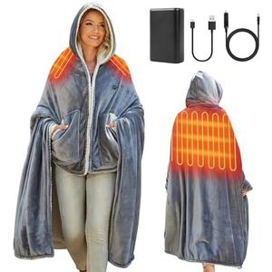 12V Heated Blankets Battery Operated,Cordless Heating Blanket Wearable Shawl,Portable Electric Wrap Poncho Blanket Hoodie,15000mah Sherpa Heated Throw Blanket 3 Heat sets for Car,Indoor,Camping,Picnic
