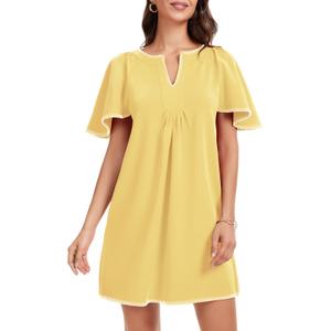 HOULENGS Women's Summer Flutter Short Sleeve A Line Mini Dress Casual Contrast Trim V Neck Short Dress with Pockets Yellow X-Large