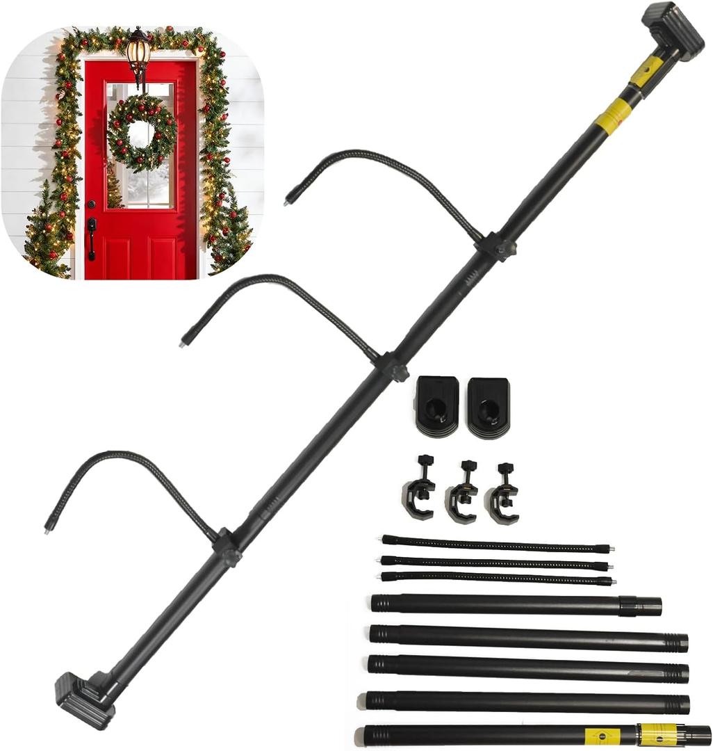 Adjustable Garland Hanger for Front Door - Fits 28" to 80" Doors, Wreath Holder Christmas, Halloween Decorations No Screws/Drilling Damage-Free Installation Garland Door, with 3 Hooks Tension Rod
