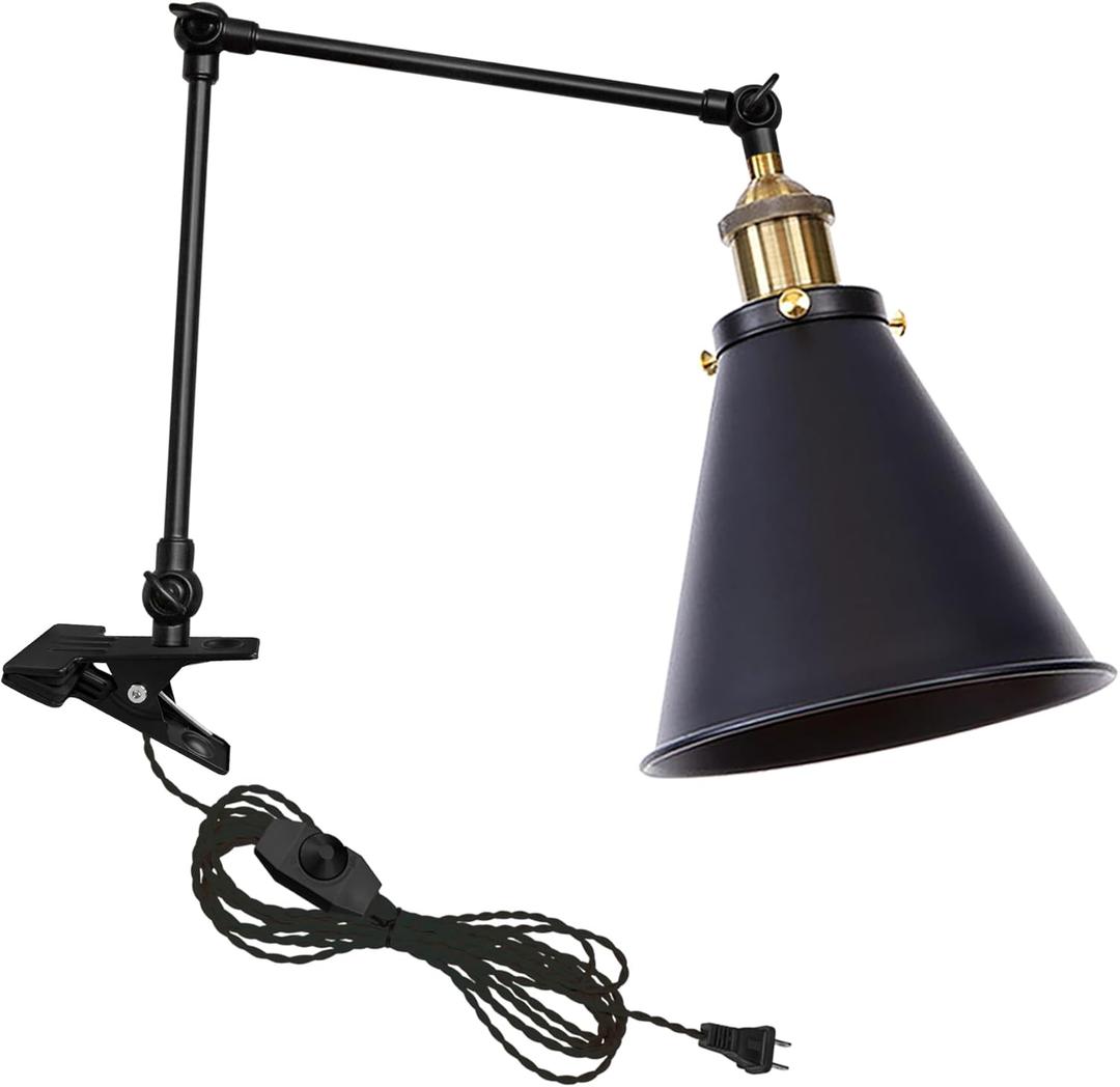 Kiven Plug-in Modern Clip-on Desk Lamp, 1-Light Industrial Nightstand Lamp with Flexible Arm, 8.2FT Plug in Cord, Decorative Clamp Lamp for Home Bookshelf Bedside Office Black Finish