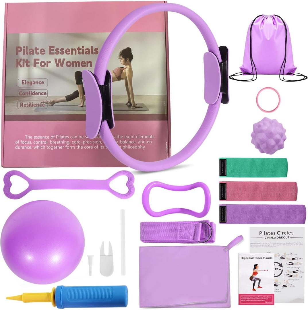 Pilates Ring Set with Resistance Bands– Anti-Slip Magic Circle Pilates Ring for Home Workouts, Full-Body Toning, Strength Training for Women 14PCS