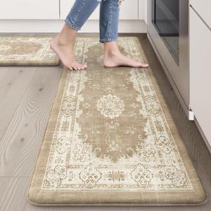 Kitchen Mats Cushioned Anti Fatigue Mats for Kitchen Floor, Non-Skid Waterproof Kitchen Rugs Padded Comfort Standing Desk Mat for Home Office Laundry Sink(Khaki) (17.3" x 47 "+ 17.3" x 29 ")